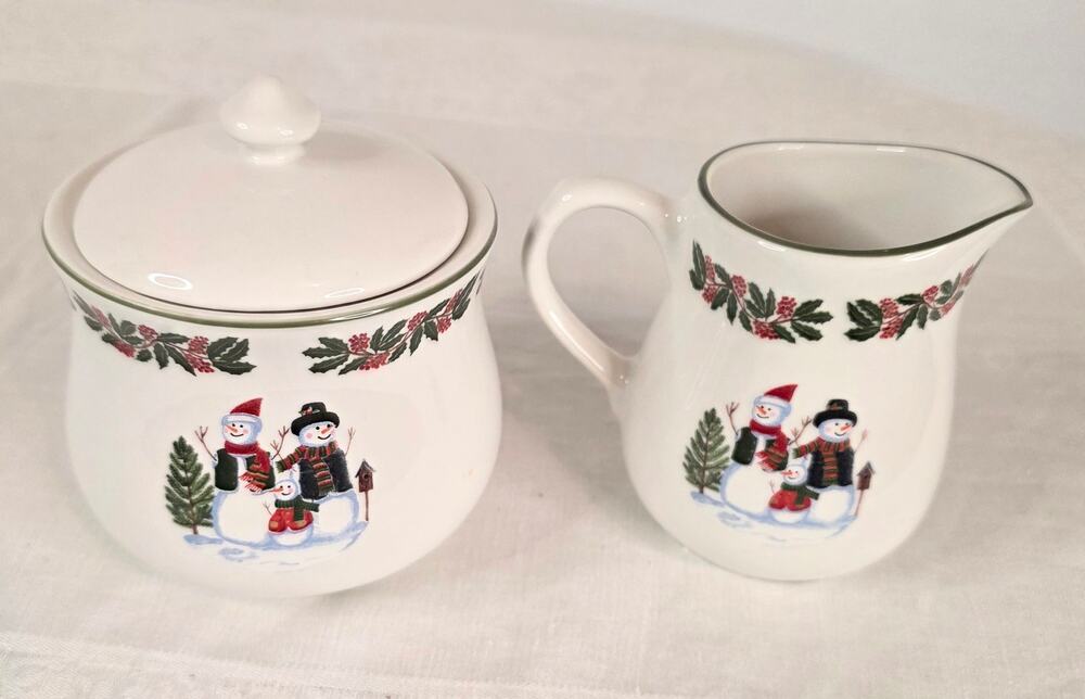 GEI Snowman Family Holly Berry Creamer & Covered Sugar Bowl Set Ceramic Holiday